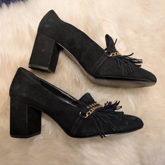 Nine West Leather Suede Fringe Block Heel Shoe - Picture 1 of 5